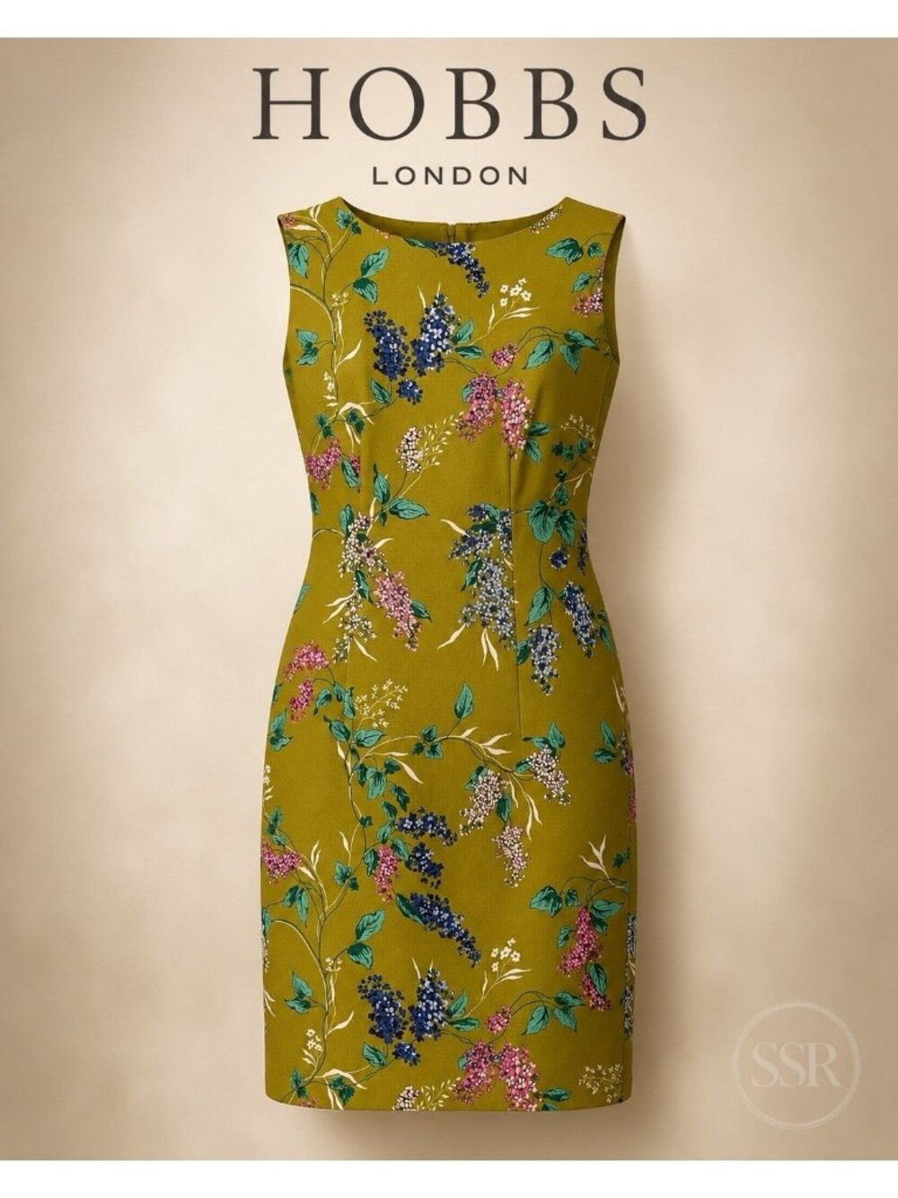 Hobbs London Moria Floral Garden Sheath Dress NWOT US 6 Olive Green Sleeveless C